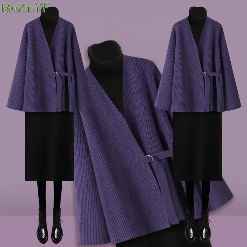 Vestido de cuello alto de punto para mujer, conjunto de 1 o 2 piezas, chaqueta púrpura elegante, vestidos de fondo negros, Otoño e Invierno