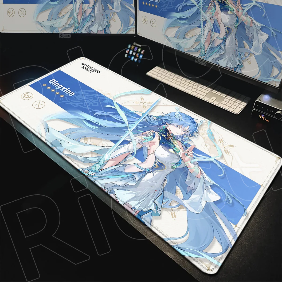 Kawaii Girl Qingxiao Stitch Edge Mat Gaming Wuthering Waves Hot Anime Keyboard Rubber Desktop Carpet 900x400mm E-sport Mouse Pad