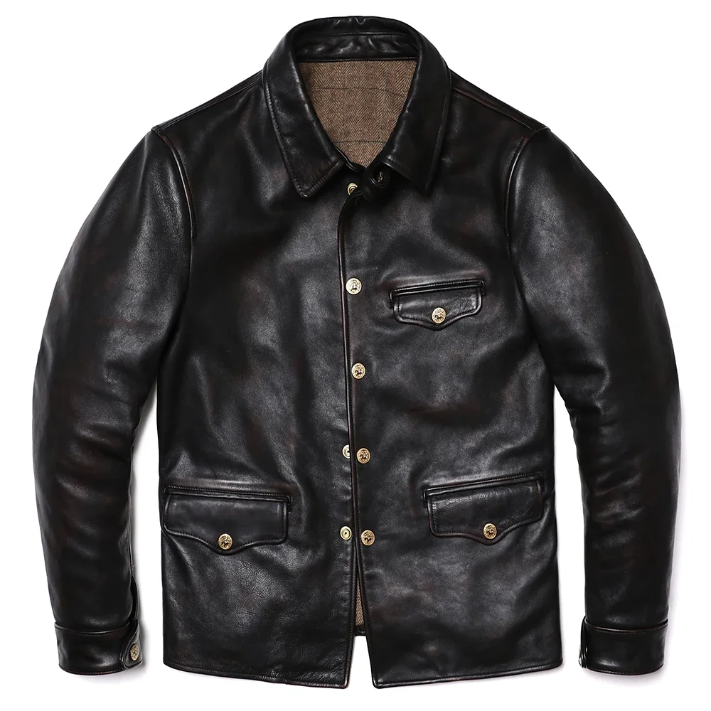 Classical Brakeman Retro Natuarl Bicolor Horsehide Leather Jacket Men's Genuine Leather Vintage Style Single Breasted Clothing