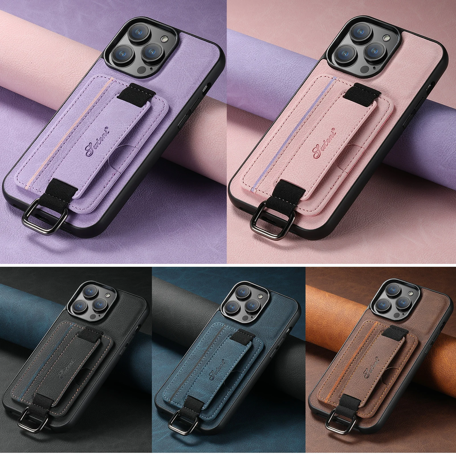 SUTENI Luxury Leather Card Holder Phone Case Wrist Strap Wallet for iPhone 17 16 15 14 13 12 11 Pro Plus Max X Xs XR