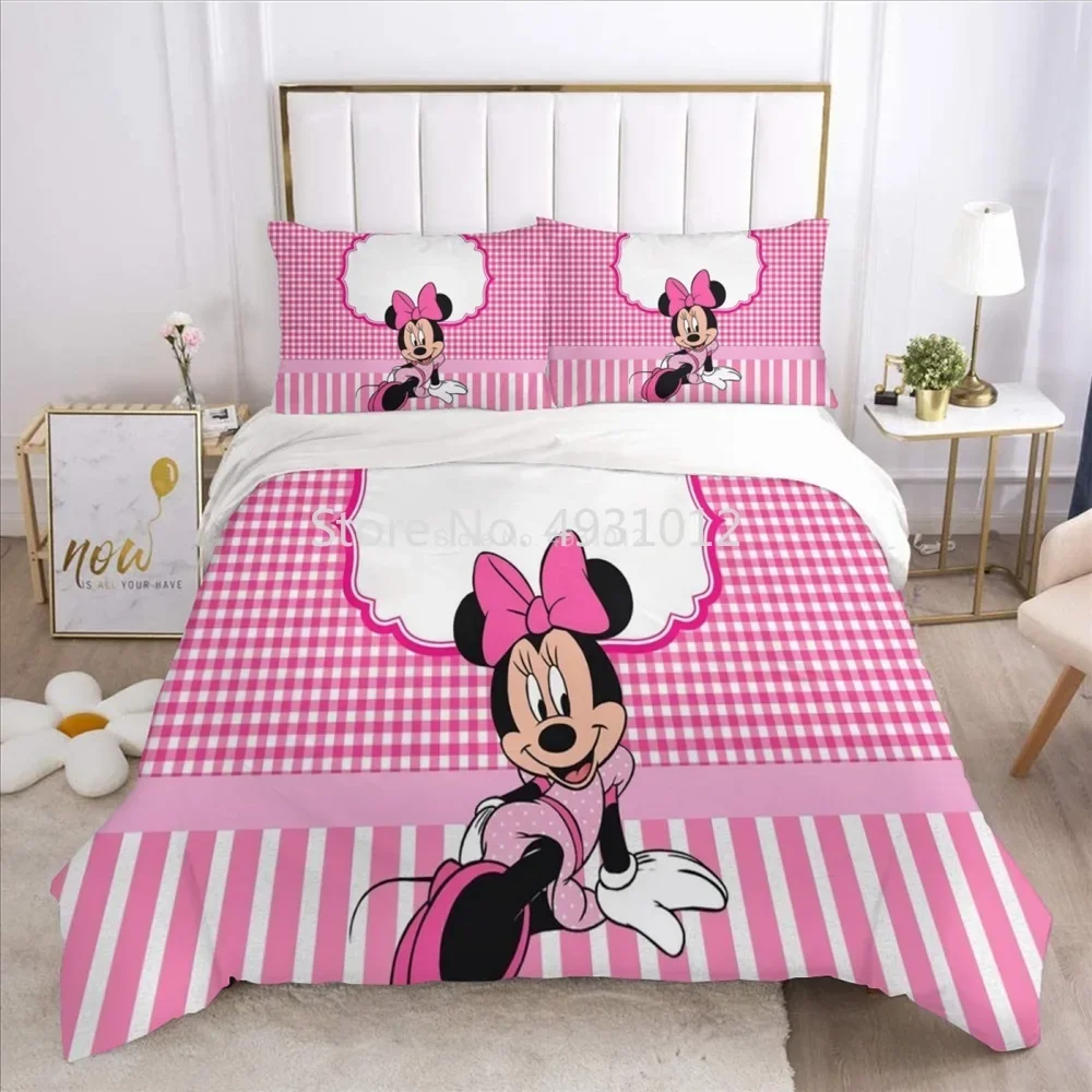 New Arrival Cute White and Pink Strips Minnie Mouse Bedding Set with Pillowcases Duvet Cover Single Pillowshams for Girls Gift