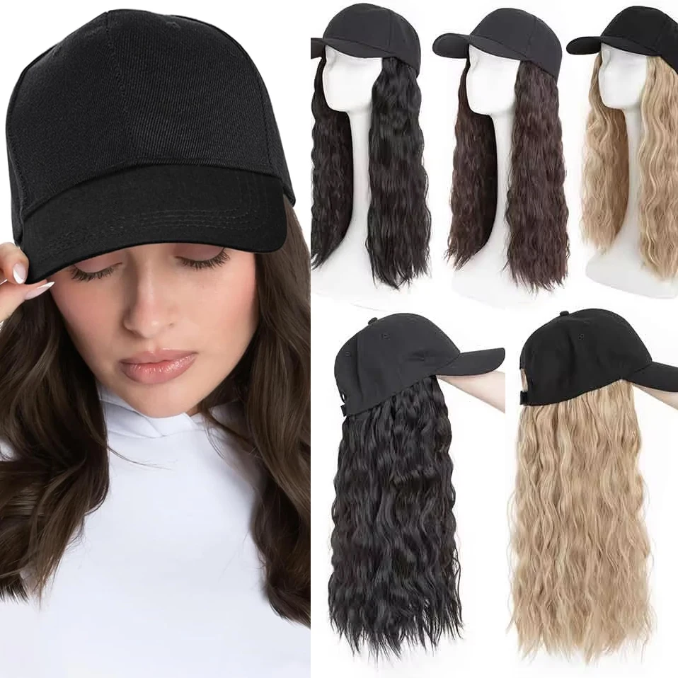 Benehair 8''16'' Baseball Cap with Hair Extensions Wavy Curly Bob Adjustable Wig Hat Attached Synthetic Hairpiece for Woman