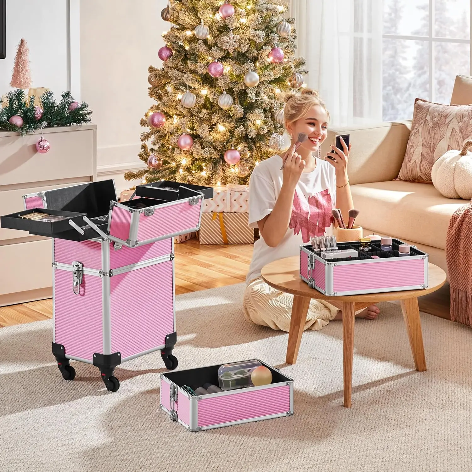 4-in-1 Rolling Cosmetic Trolley with Removable Wheels, Pink Makeup Case Organizer for Travel view 2