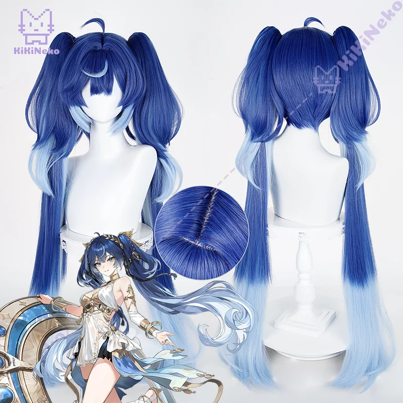 Wuthering Waves Iuno コスプレウィッグ - ロング ダークトゥライトブルー 2 つのポニーテール フルヘア コミコンパーティー 大人 女性 男性用