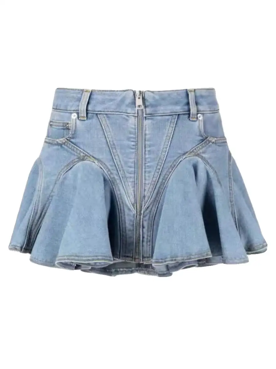Street Sle Deconstructed f Rok Denim Patchwork Geplooide Rits aan de voorkant en Basisbroek Street Faion A-lijn