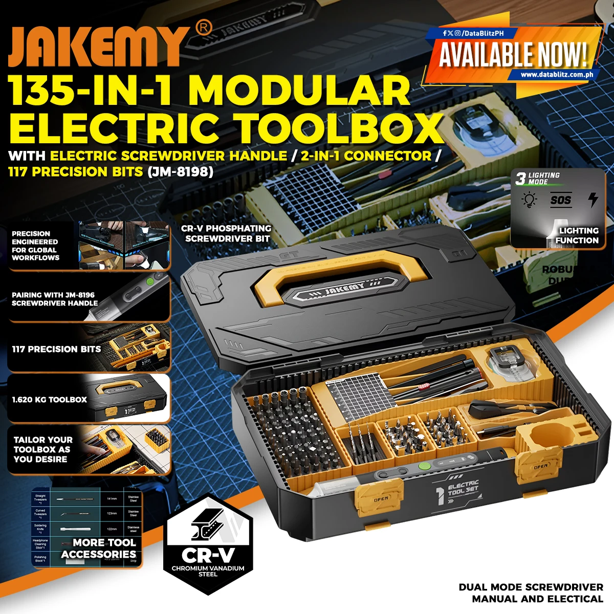 Jakemy 135-in-1 Modular Electric Toolbox with Electric Screwdriver Handle / 2-in-1 Connector / 117 Precision Bits (JM-8198)
