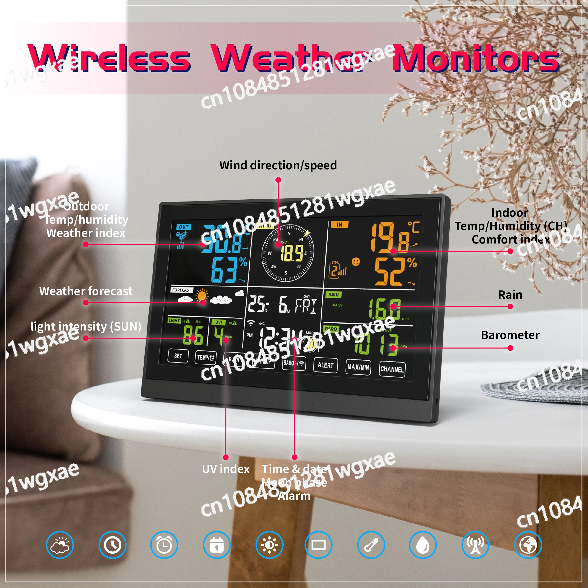 2024 New WiFi Wireless Weather Station 10.2 Inch  Wind/Rain Gauge/UV Index Solar Panel 7 in 1 Professional Weather Station