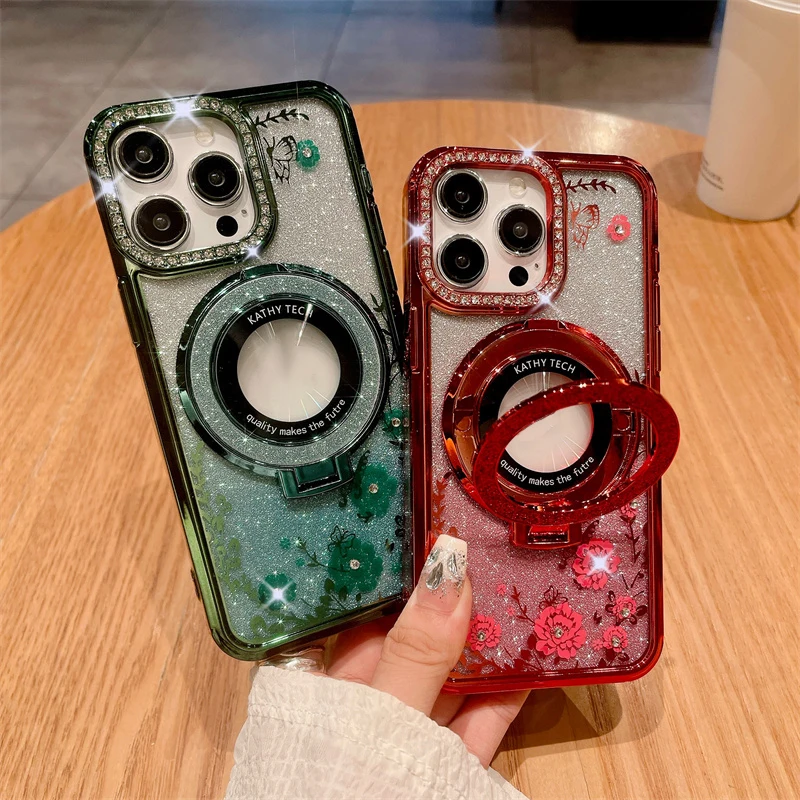 Large hole water diamond gradient secret garden phone case with magnetic bracket For iPhone 11 12 13 14 15Pro Max Cases