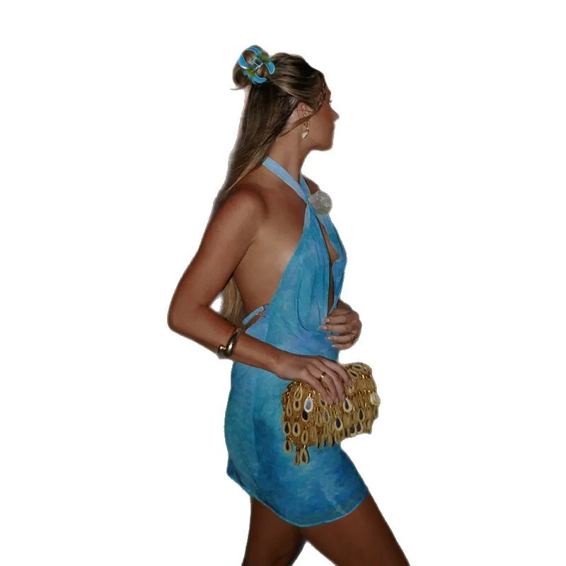 25196 Floral Halter Sexy Backless Printed Dress Women Vacation Style Hot Girl Short Dress 2025 Summer Dress Robe Vestido Women