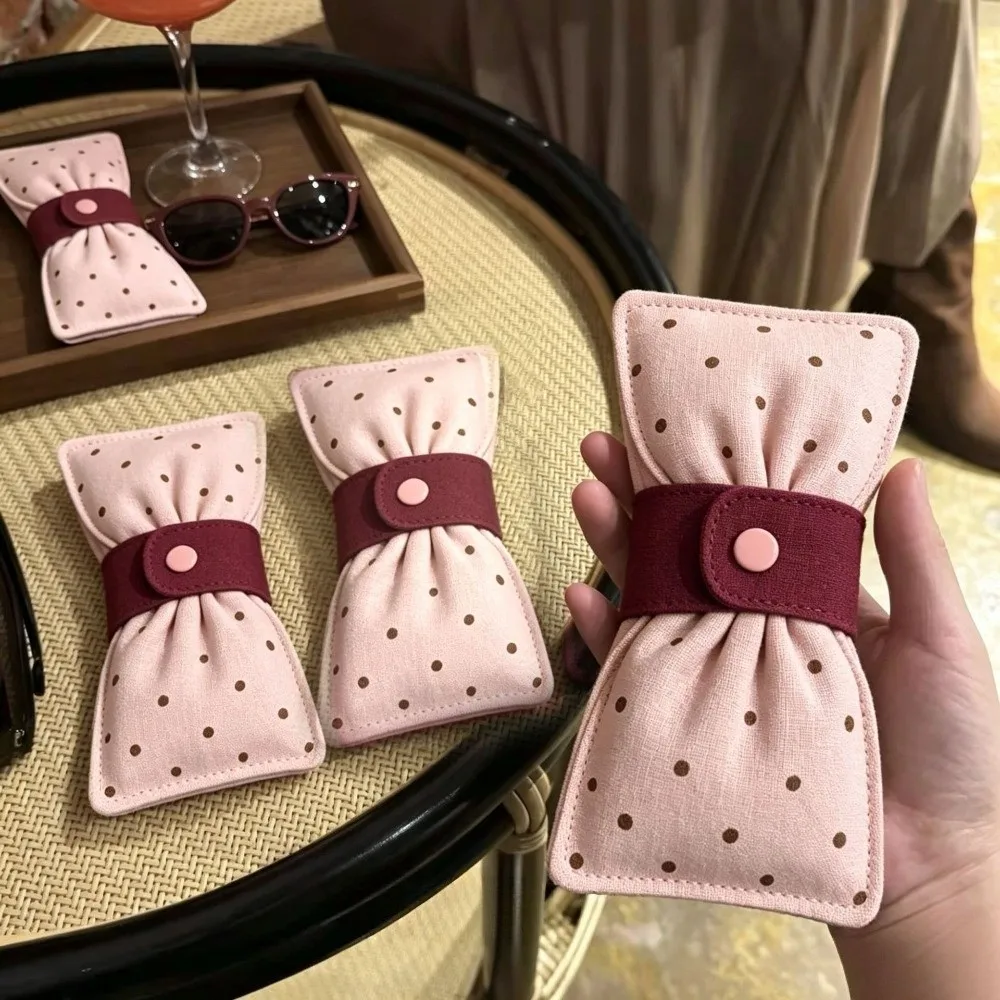 Bow Tie Shape Polka Dot Eyeglass Case Pink Color Snap Button Closure Glasses Storage Bag Soft Material Compact Design