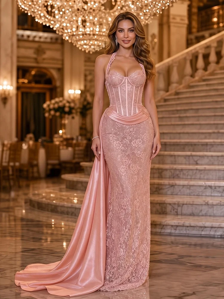 Blush Pink Halter Mermaid Evening Dress Women Lace Beaded Corset Formal Gown Detachable Satin Train Wedding Guest Prom Dress