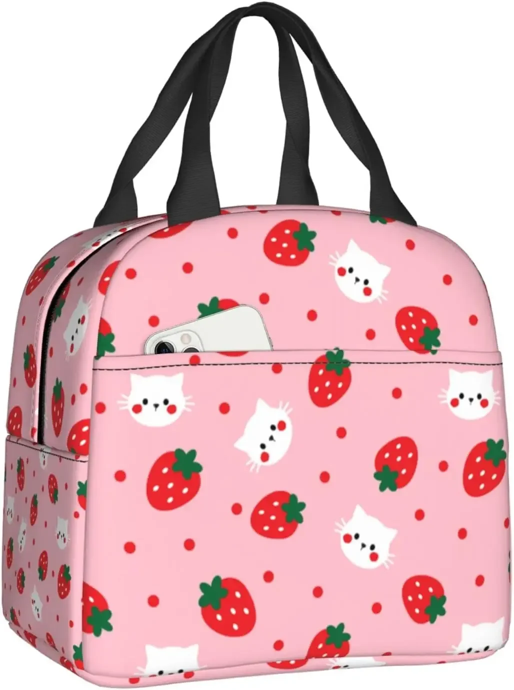 Strawberry Polka Cat Face Pattern Insulated Pink Lunch Bags with Pocket Reusable Thermal Freezable Lunch Box for School Picnic