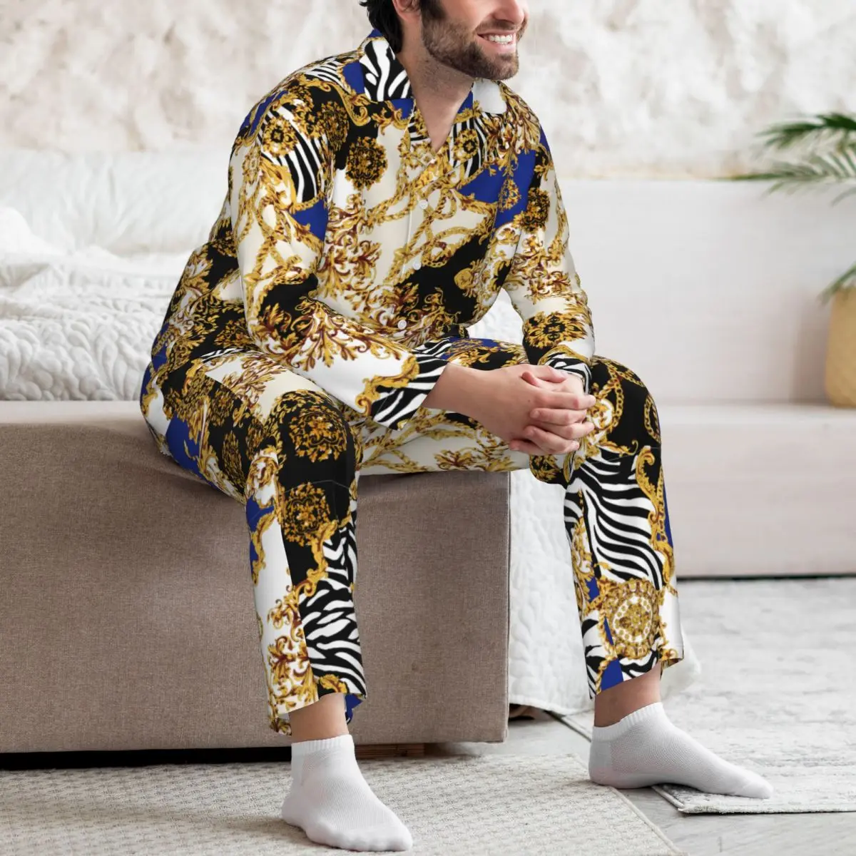 Trajes de casa para hombre Trajes de desplazamientos barrocos de manga larga para pijamas de otoño e invierno para hombre