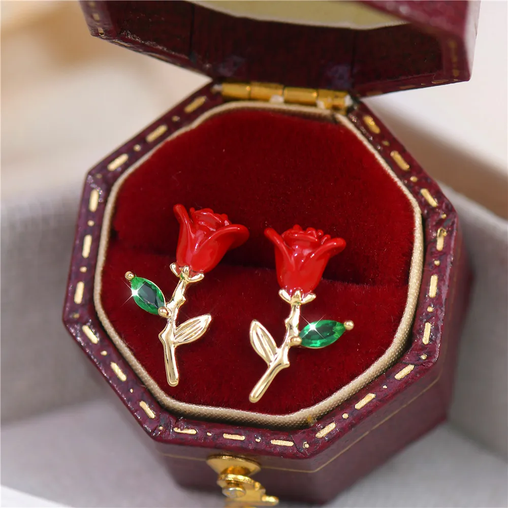 French Design Sense Little Prince'S Red Rose Zircon Three-Dimensional Exquisite Daily Stud Earrings Students All-Match Earrings