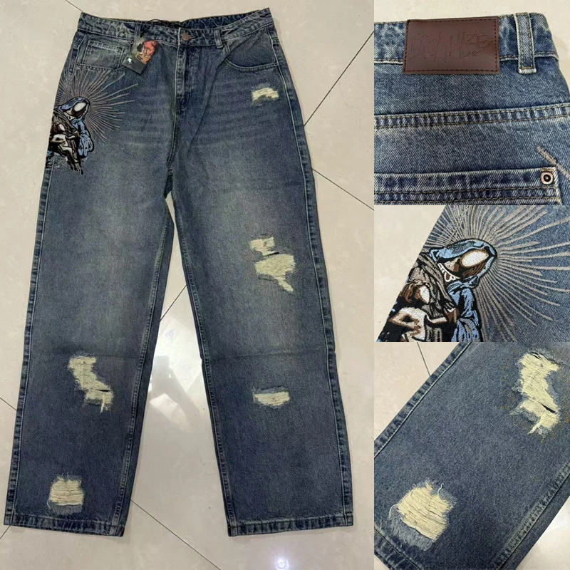 

Real Photo Vintage Trend Derschutze Ripped Jeans Streetwear High Quality Embroidery Straight-leg Denim Trousers