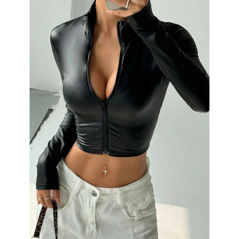 

Slim Crop Top U 27545 Zipper Short Style Spicy Girl Fashion Top Women's Spring Season Four Seasons Apply Zipper Design