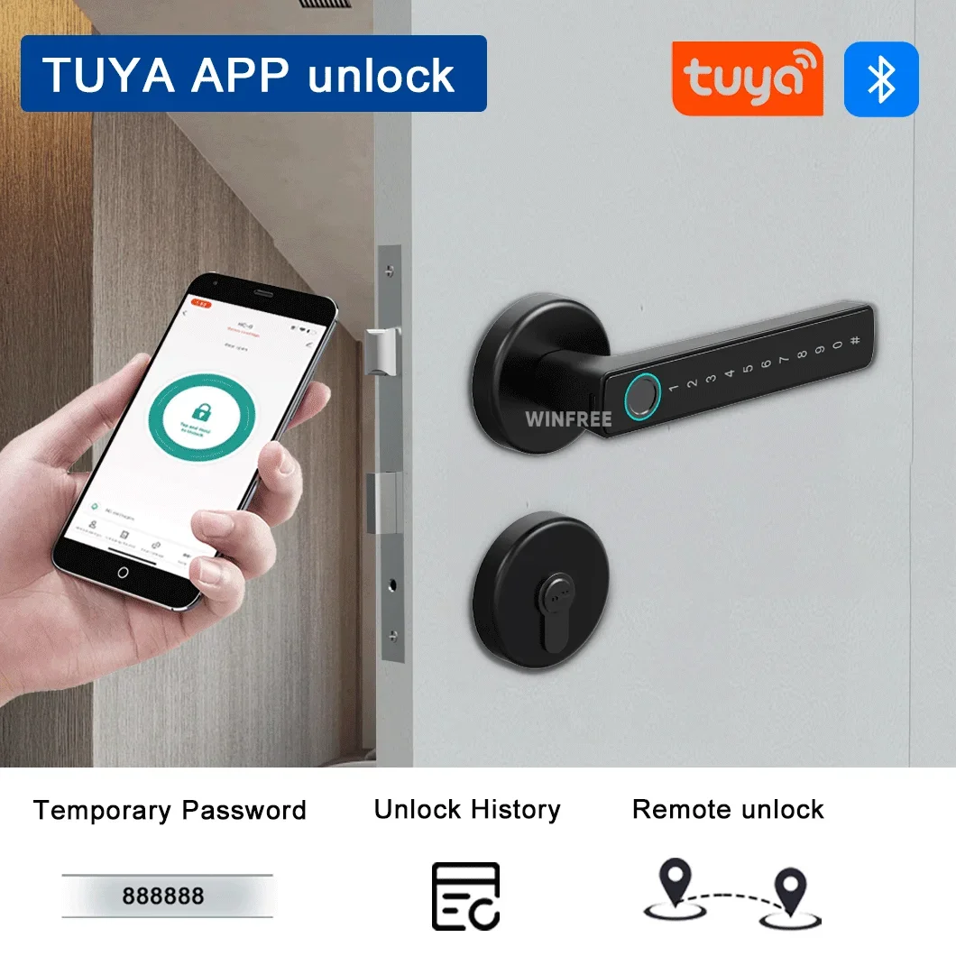 WINFREE สมาร์ทลายนิ้วมือประตูล็อค Tuya บลูทูธ Keyless Entry สมาร์ทประตูล็อค Alexa Google Assistant ภายในไม้ประตู