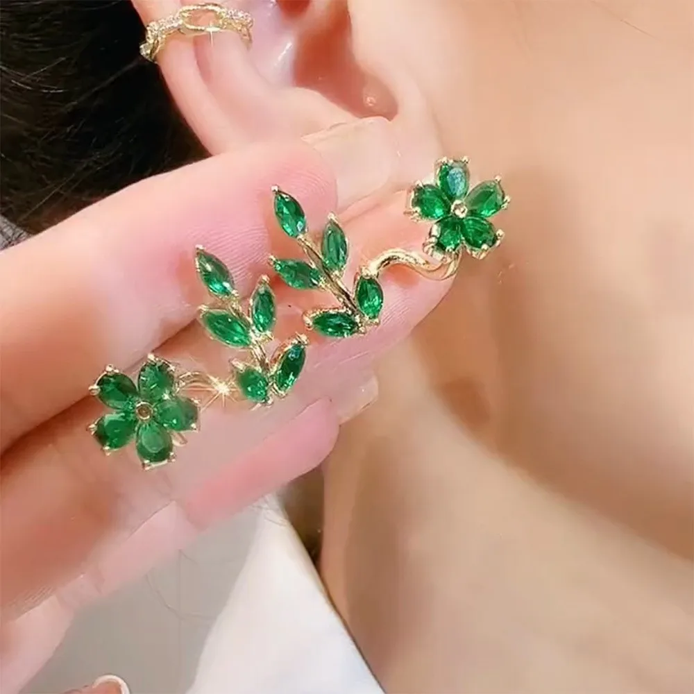 Fashion Trend Unique Design Elegant Delicate Light Luxury Green Zircon Flower Earrings Women Jewelry Wedding Party Premium Gifts