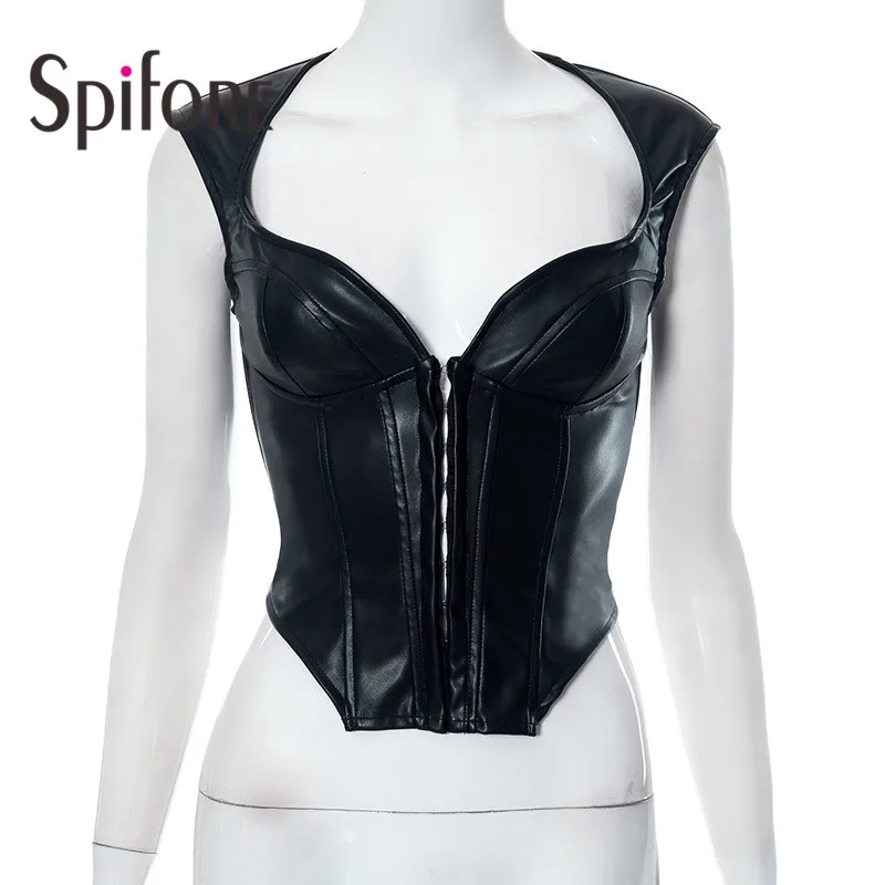 Spifore Leather PU Women Tanks Top Black Fashion Streetwear Corset Sexy Strapless Button Summer Party Clubwear Cropped Vest