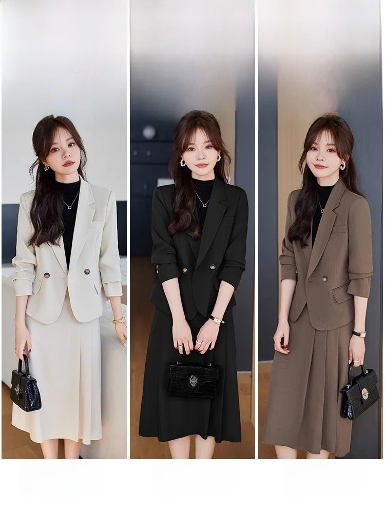 White Suit Jacket Women Spring Autumn High-End Feeling Two-Piece Set  Skirt Ensemble Professional Commute Style Polyester