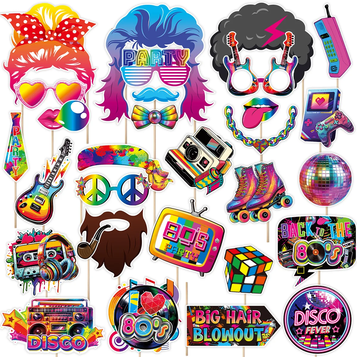 30Pcs/Set 80s Disco Music Theme Photo Booth Props Hip Hop Dress Up Paper Masks for Birthday Bachelorette Wedding Party Decor - view 2