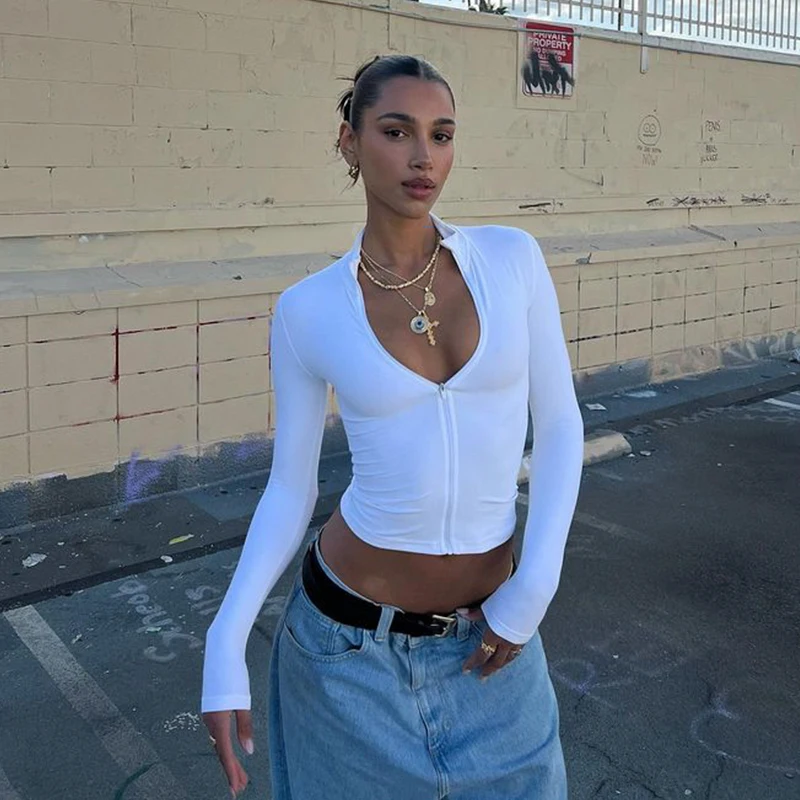 

Сексуальная облегающая футболка с длинным рукавом и молнией, однотонный топ в уличном стиле для модных женщин, верхняя одежда, весенняя мода