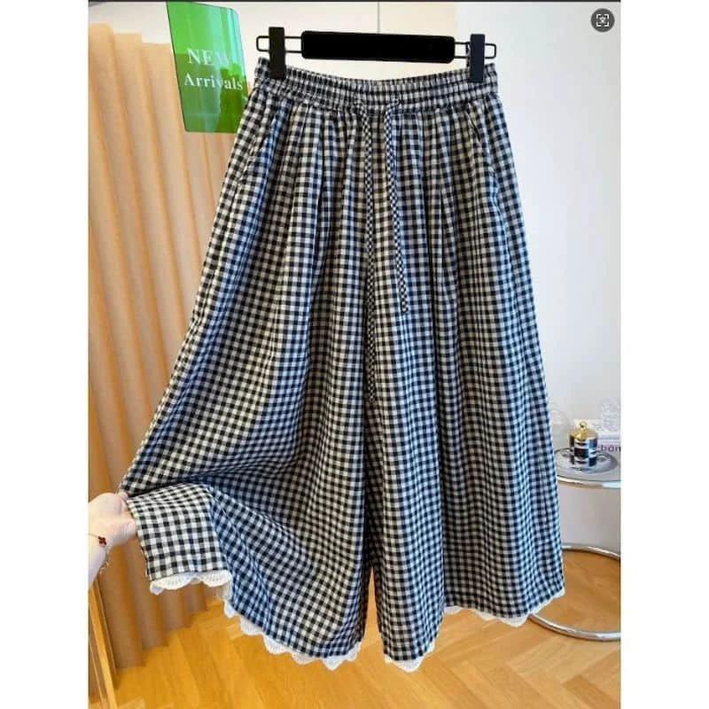 Wide Leg Pants Women Summer Wear Vintage Plaid Elastic Waist Drape Fabric Trousers Lace Patchwork Casual Pleated Baggy Pants