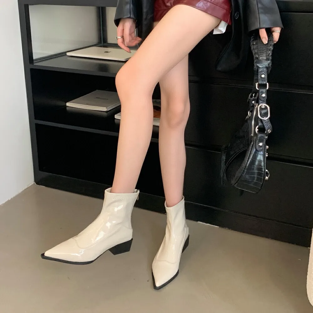 Pointed Toe Women Ankle Boots 2024 New Arrivals Black Beige Red Wine Square Mid Heels Back Zipper Sock Stretch Boots Woman 35-39