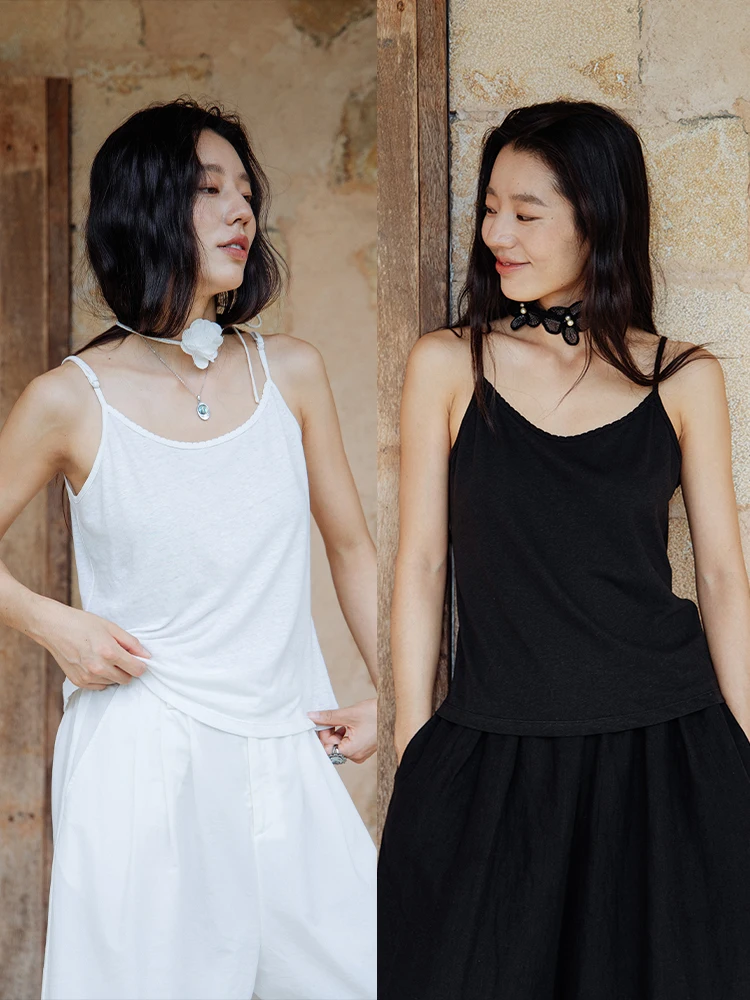 Blooming 493 Petal Black White Grey Series Adorned Flower Linen Cotton Blend Knitted Slimming White Strap Vest Women's Fashion