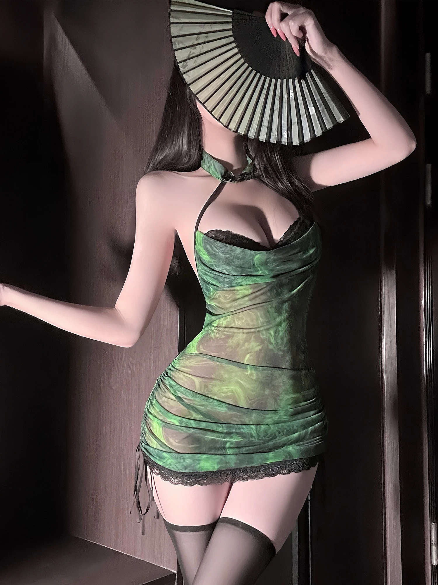 Green Lace Cheongsam Set Sexy Lingerie Temptation Burning Nightgown Vintage Backless Halter-Neck Bodycon Skirt for Women