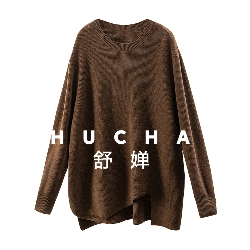 

French Design Irregular Hem Silhouette 100 Wool Crew Neck Long-sleeved Sweater Women's 35F5 Sueter Mujer