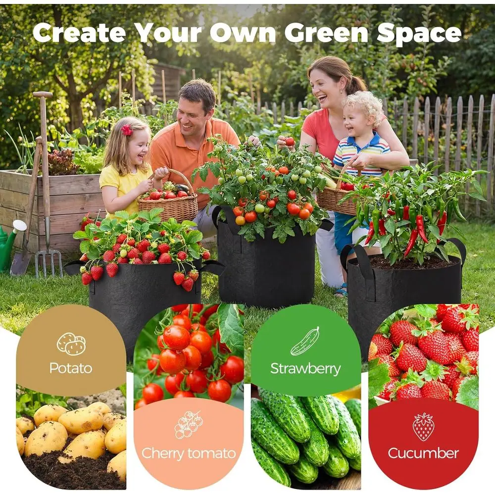 5-Pack 10 Gallon Self-Watering Grow Bags with 5pcs Terracotta Watering Spikes, Fabric Growing Plant Bags Garden Planting Pots or