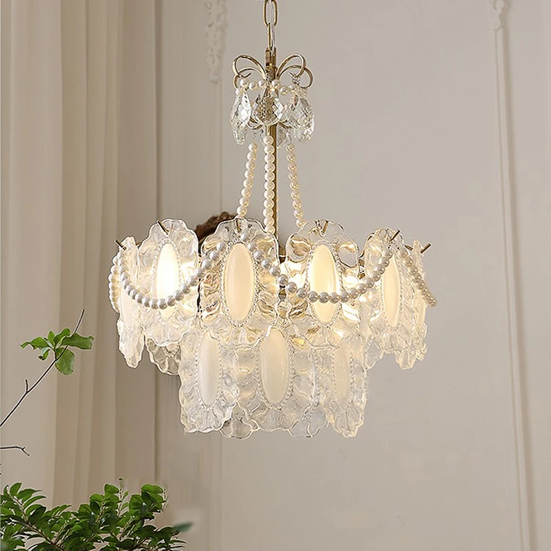 النمط الفرنسي الفاخرة الرجعية اللؤلؤ الزجاج قلادة مصباح النمط الأوروبي ضوء ديكور المنزل الفاخر غرفة المعيشة كريستال الثريا