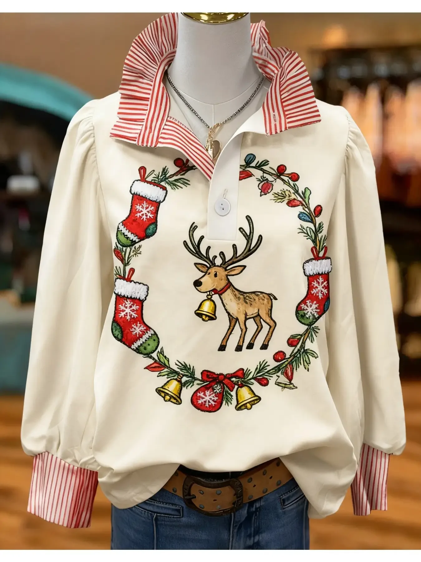 Women's striped shirt with multi-color striped collar and Lotus leaf, lotus pattern top