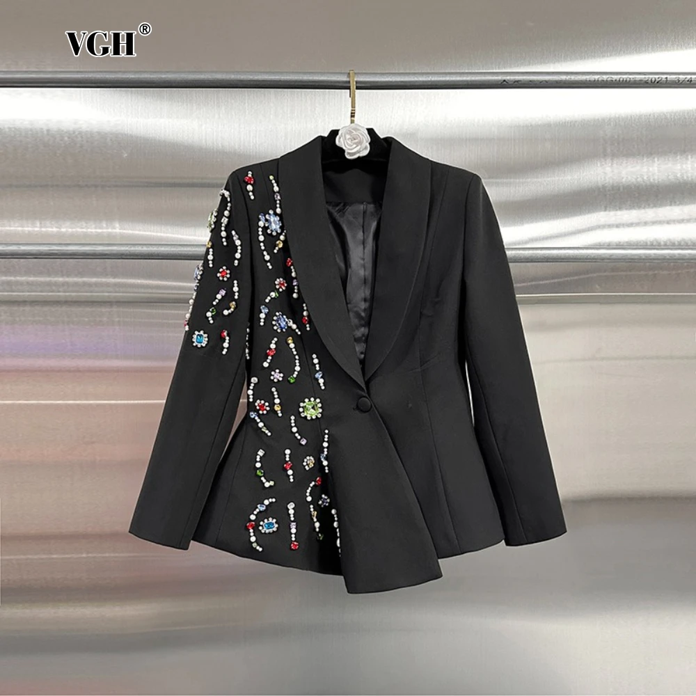 

VGH офисный женский пиджак с яркими бриллиантами и зубчатым воротником, длинным рукавом, утягивающее темпераментное вечернее торжественное пальто, женское
