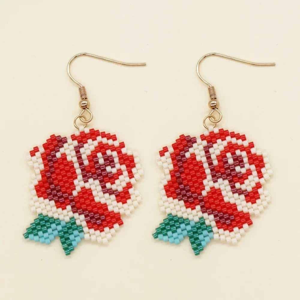 Beaded Earrings Hand knitting Versatile Trend Rose personality Simple Bohemia Alloy Female Creativity Pattern Rice Bead Earrings