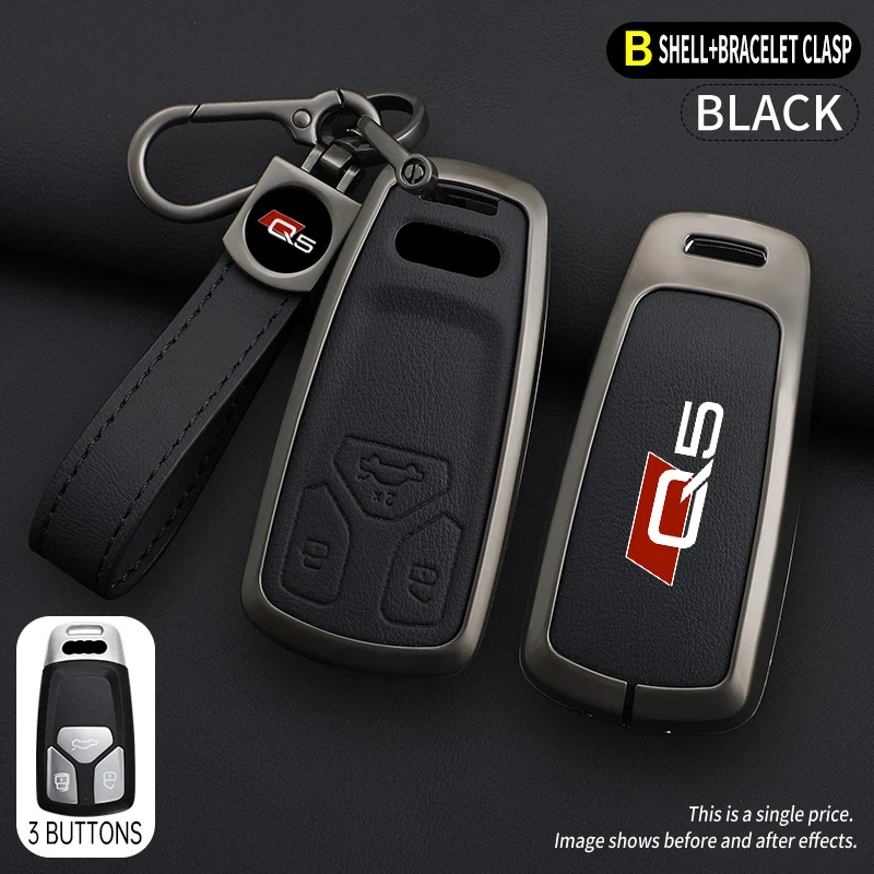 Zinc Alloy Leather Car Key Case Cover Shell For Audi Q5 SQ5 8R FY 2015 2022 2023 Keychain Keyless Auto Accessories