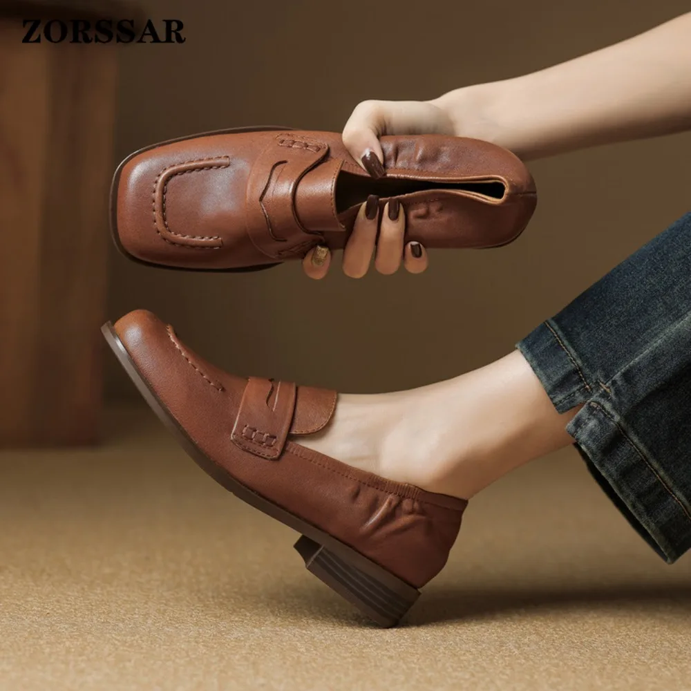 2026 New Spring Autumn Women's Shoes Genuine Leather Square Toe Flat Leather Mid Mouth Casual Loafers Shoe Comfort Soft Fashion