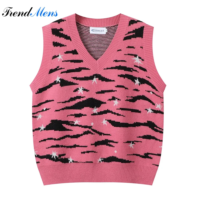 

Men's Leopard Print Camisole Sweater Fashion Harajuku Comfortable Casual Vest Slim Fit V-neck Sleeveless Pullover Spring Autumn