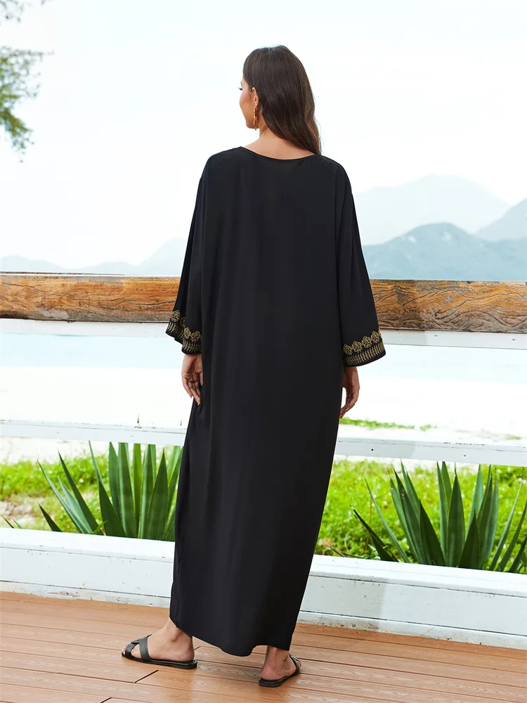 Embroidery Plus Size Long Sleeve Kaftan Beach Dress Bathing Suit Cover Up 2024 Women Summer Beachwear Moo Moo Dress Q1603