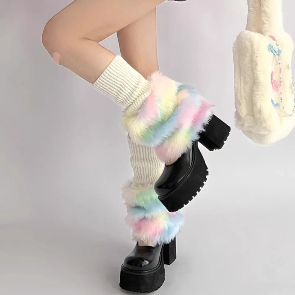 New Fur Plush Fluffy Plush Fluffy Boots Cover Y2K Thickened Hosiery Rainbow Hairy Balls Leggings Leg Warmer Autumn Winter