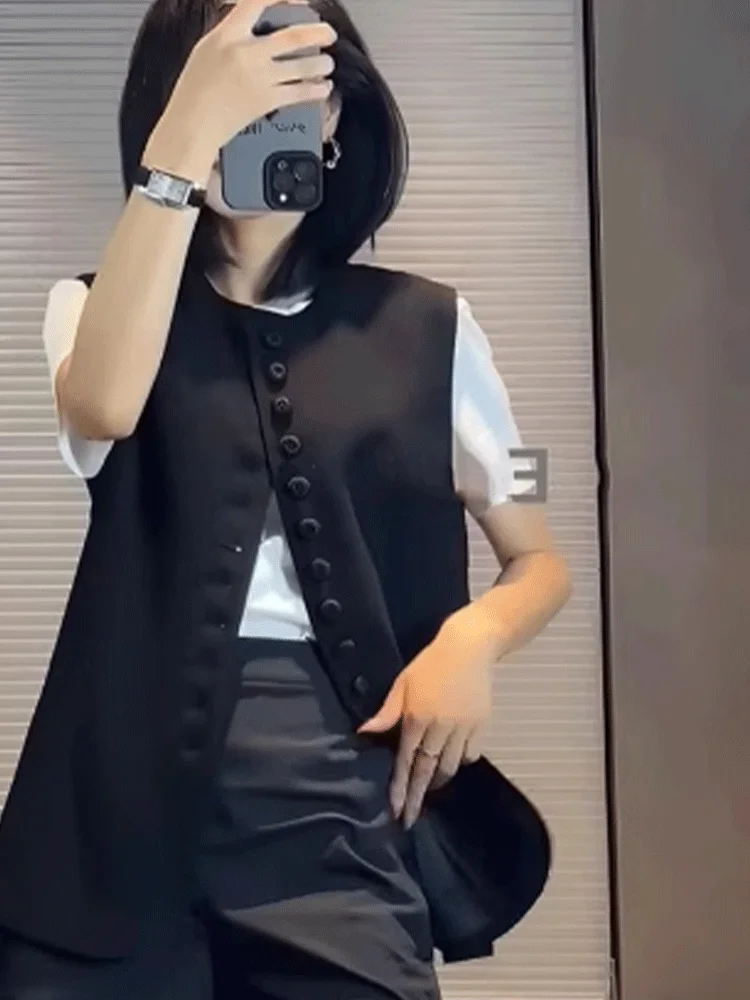 

Ele Simple Pure Color Single Button Vest Cardigan Women's Casual Faion Autumn Outerwear Poet Linen round Ne Coat