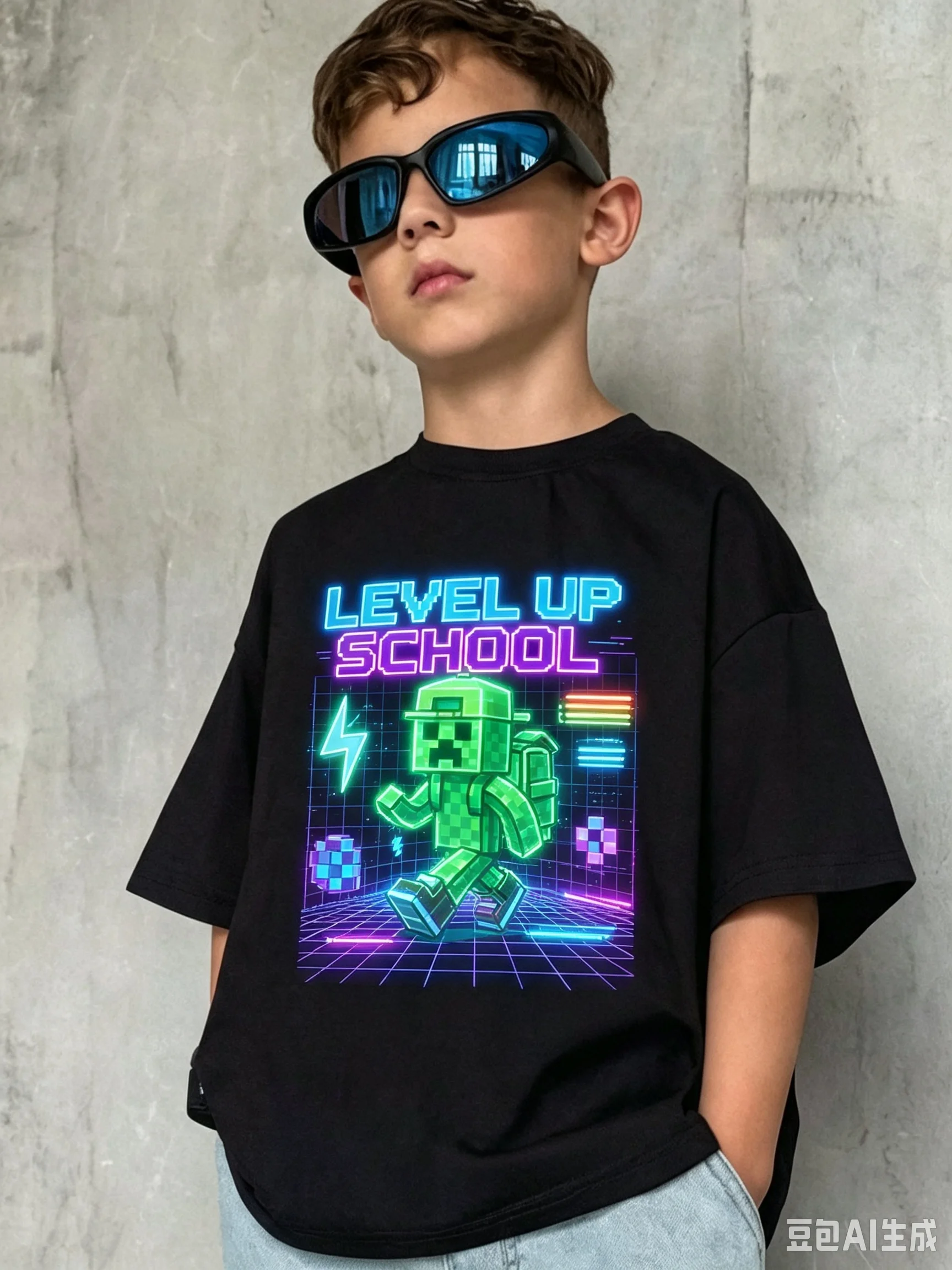 Boy's Back To School Pixel Creeper Graphic T-Shirt, Gamer Kids Style Short Sleeve Tee, Video Game Character School Supplies Print Top For Boys Girls