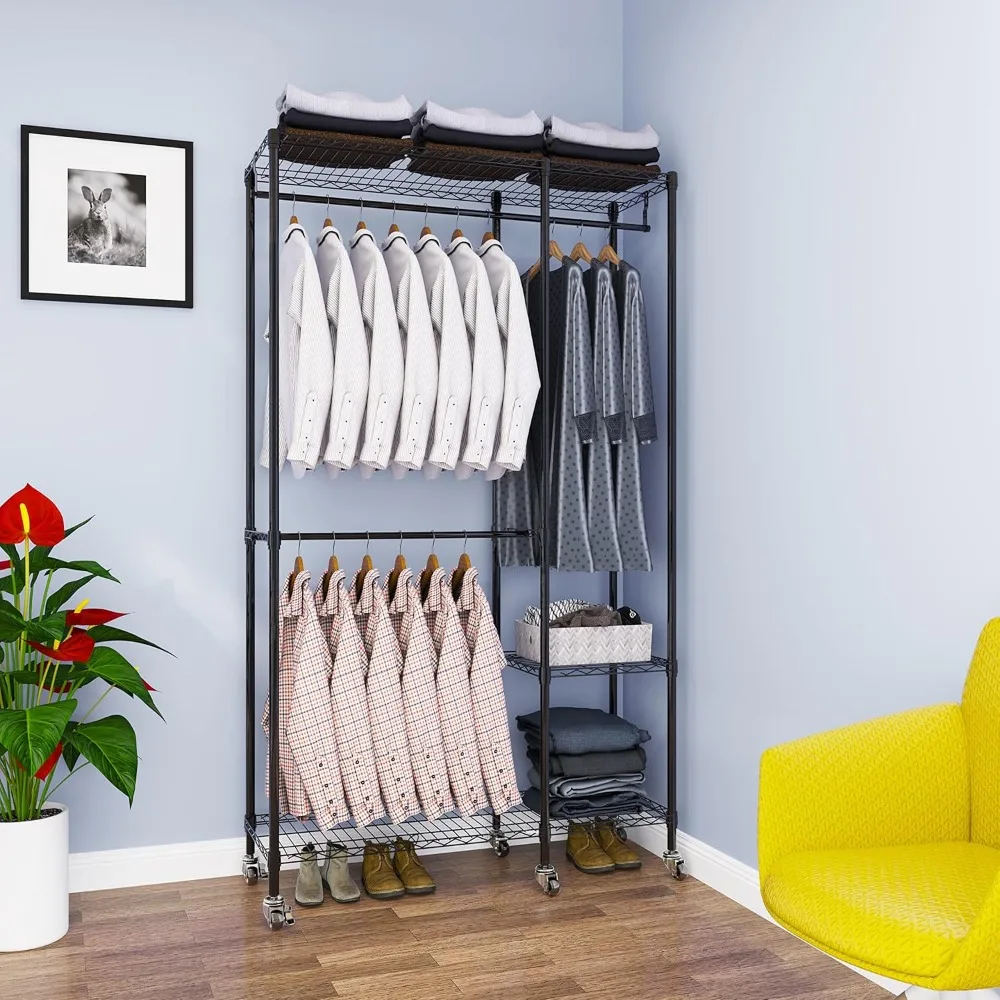 Sturdy Adjustable Rolling Garment Rack with Lockable Wheels, Metal Wire Clothes Organizer, Freestanding