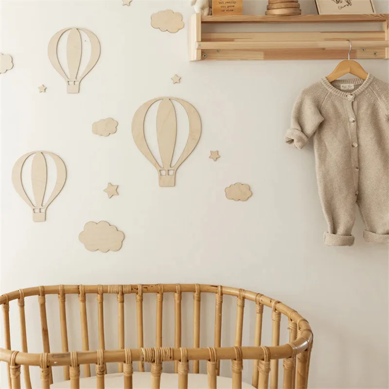 INS Nordic Wooden Wall Stickers Hot Air Balloon Cloud Star Wood Sticker Kids Room Decoration Ornaments Home Crafts Nursery Decor