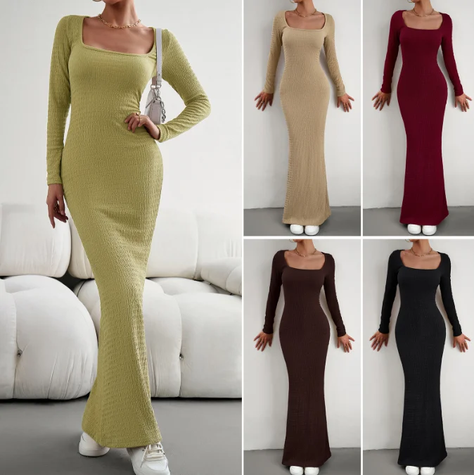 

Women's Dress Casual Commuting Fashion Basic Winter Y2K Dress Slim Fit Square Neck Long Sleeved Knitted Bodycon Maxi Dress