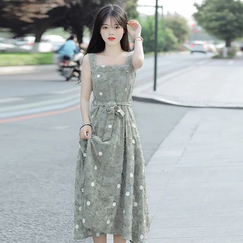 Robe d'été coréenne en mousseline de soie, coupe cintrée, motif Floral, sans manches, mi-longue, Style français, robe de cérémonie élégante, 2025