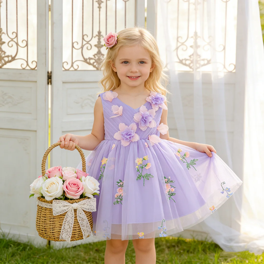 182 Baby Girl Green Pretty Dress Flower Embroidery Sleeveless V Neck Design Elegant Dress