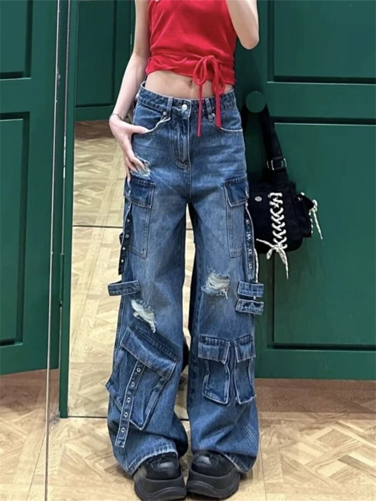 

Women's Multiple Pockets Vibe Blue Straight Denim Pants Unisex High Waist Jeans Vintage Bottoms Female Wide-leg Trousers
