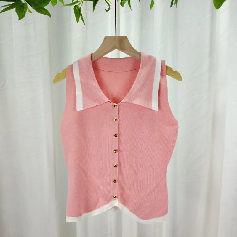 

French Temperament Contrast Color Lapel Sleeveless Slim Knitted Vest For Women